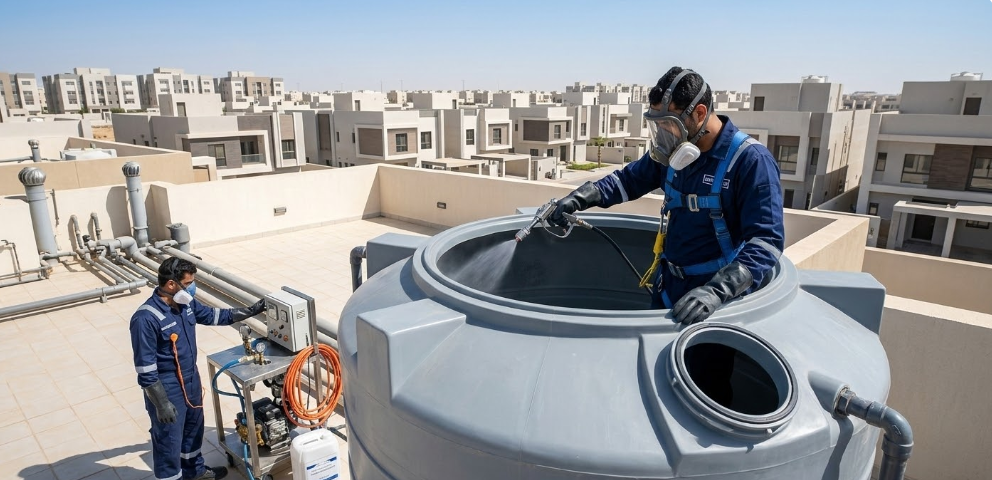 فريق تعقيم خزانات في حي النرجس