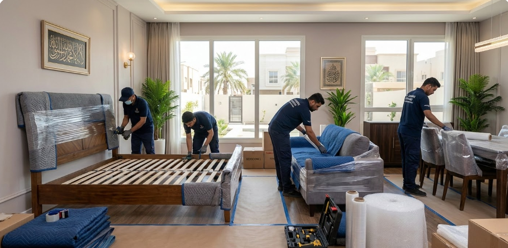 فريق لؤلؤة المستقبل أثناء فك وتركيب أثاث لعائلة في حي الياسمين