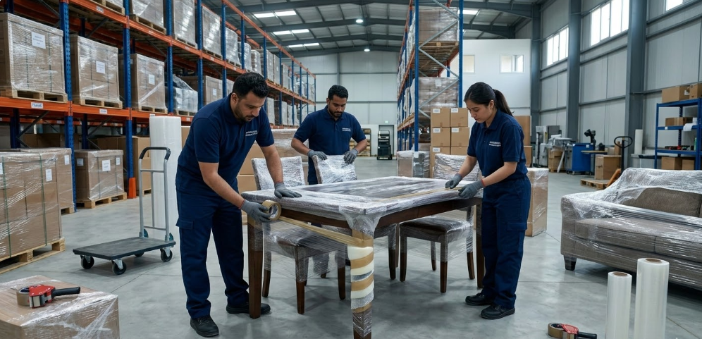 فريق لؤلؤة المستقبل أثناء تغليف أثاث عميل في مستودع مكيف بالرياض