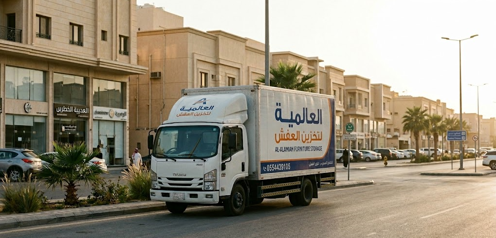شاحنة نقل مغلقة في أحد أحياء الرياض تنقل الأثاث لمستودع تخزين عفش الرياض