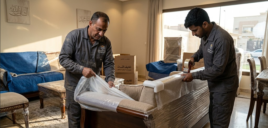 تغليف احترافي متعدد الطبقات قبل إيداع الأثاث في مستودعات تخزين عفش الرياض